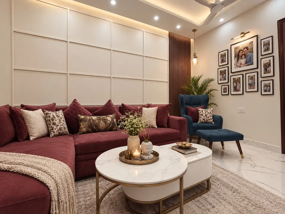 Compact living room with a mauve sectional sofa, white panelled wall, round coffee tables and a family photo wall