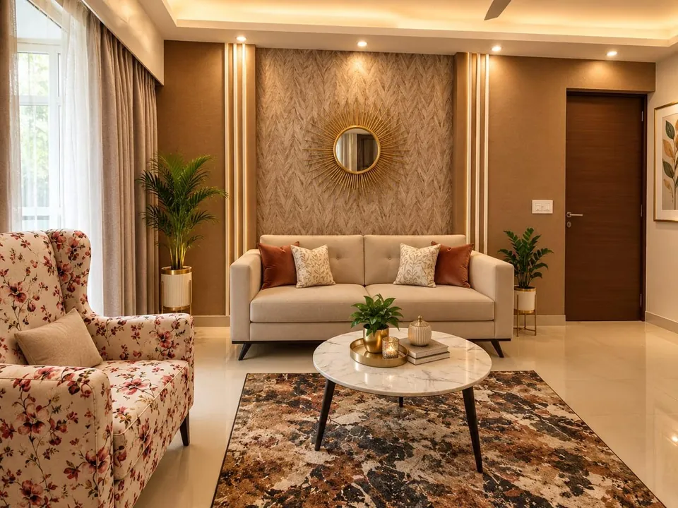 Living room with a beige sofa, floral armchair, round marble coffee table and textured feature wall with a sunburst mirror