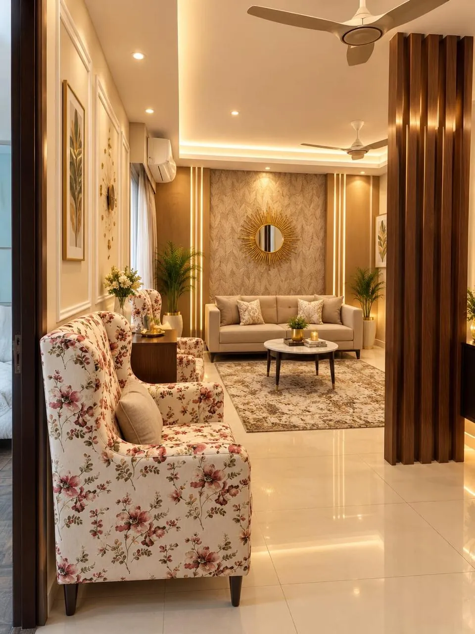 View through wooden slats into the Kundu Residence living room, with a floral armchair and warm cove lighting
