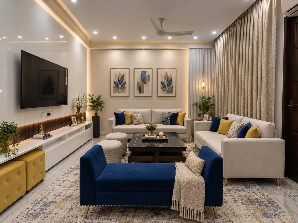 Ivory living room with a navy velvet bench, mustard accents, botanical art and a long white TV console