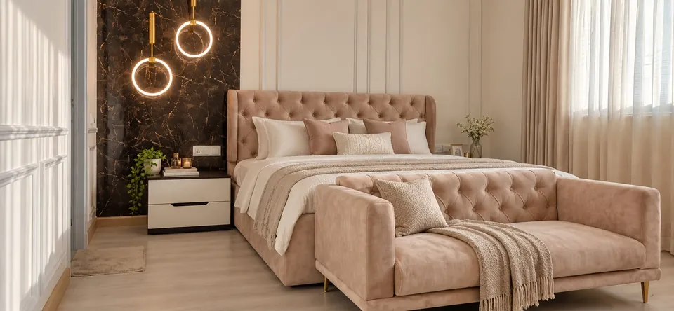 Master bedroom with a blush tufted bed, matching chaise, marble feature wall and ring pendant lights